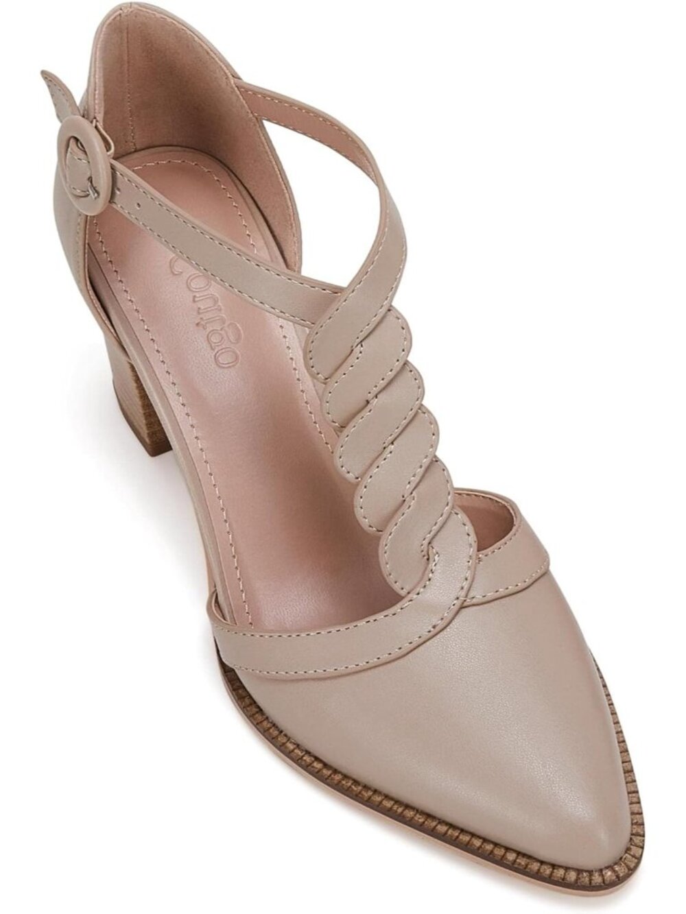 Women's Nude Chunky Heels T Strap Pointed Toe Stacked Heeled Sandals Pumps - Picture 6 of 6